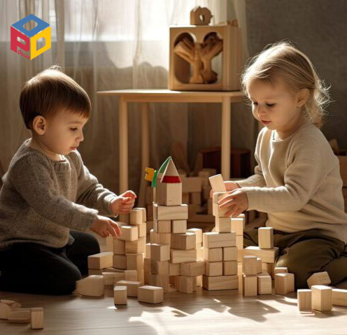 Trẻ chơi trò xây tháp bằng gỗ