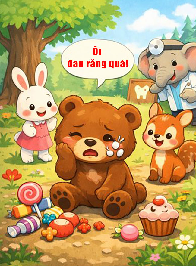 Chú gấu bị đau răng do ăn nhiều kẹo
