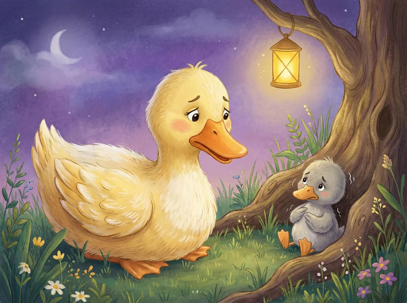 Vịt mẹ tìm thấy vịt xám đang run rẩu bên gốc cây